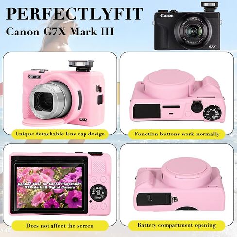 حافظة لكاميرا Canon Powershot G7 X Mark III الرقمية، حماية من السيليكون الناعم مع غطاء عدسة قابل للإزالة، ملحقات G7 X Mark III (2 غطاء زجاجي مقوى، 1 حزام معصم ساحر) - وردي in Saudi Arabia