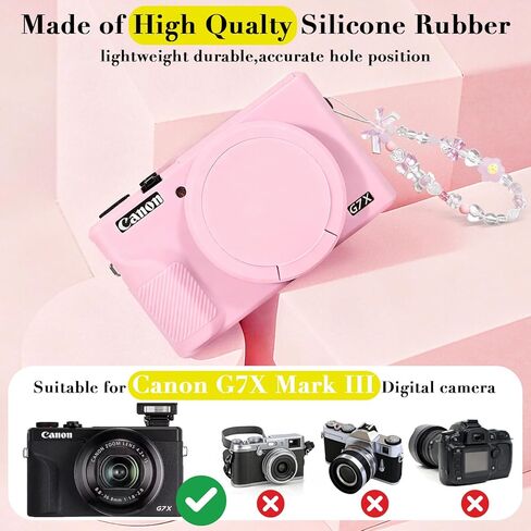 حافظة لكاميرا Canon Powershot G7 X Mark III الرقمية، حماية من السيليكون الناعم مع غطاء عدسة قابل للإزالة، ملحقات G7 X Mark III (2 غطاء زجاجي مقوى، 1 حزام معصم ساحر) - وردي in Saudi Arabia