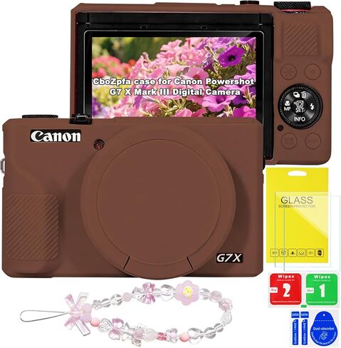 حافظة لكاميرا Canon Powershot G7 X Mark III الرقمية، حماية من السيليكون الناعم مع غطاء عدسة قابل للإزالة، ملحقات G7 X Mark III (2 غطاء زجاجي مقوى، 1 حزام معصم ساحر) - وردي in Saudi Arabia