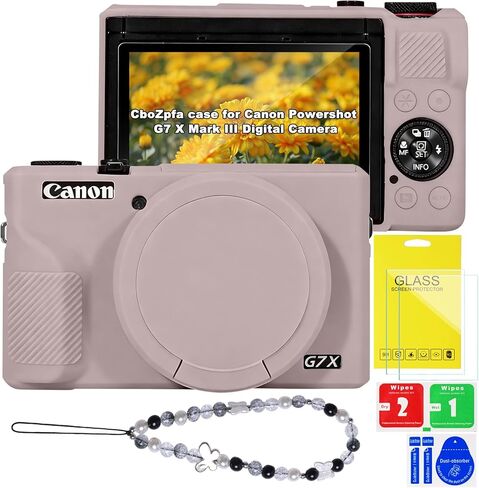 حافظة لكاميرا Canon Powershot G7 X Mark III الرقمية، حماية من السيليكون الناعم مع غطاء عدسة قابل للإزالة، ملحقات G7 X Mark III (2 غطاء زجاجي مقوى، 1 حزام معصم ساحر) - وردي in Saudi Arabia