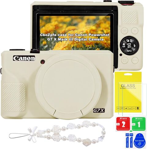 حافظة لكاميرا Canon Powershot G7 X Mark III الرقمية، حماية من السيليكون الناعم مع غطاء عدسة قابل للإزالة، ملحقات G7 X Mark III (2 غطاء زجاجي مقوى، 1 حزام معصم ساحر) - وردي in Kuwait