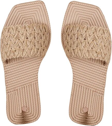 OYOANGLE Women's Braided Flat Sandals Straw Square Toe Platform Sandals Lightweight Vacation Slides in Saudi Arabia