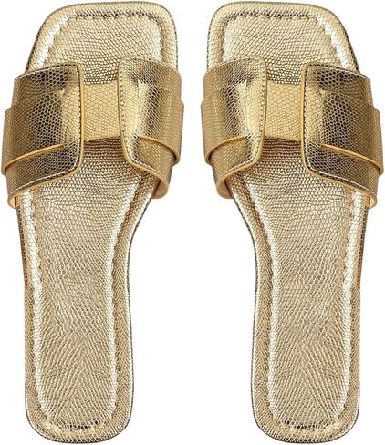 GORGLITTER Women's Gold Square Toe Flat Sandals Summer Beach Vacation Dressy H Band Metallic Sparkly Slide Sandals in Saudi Arabia