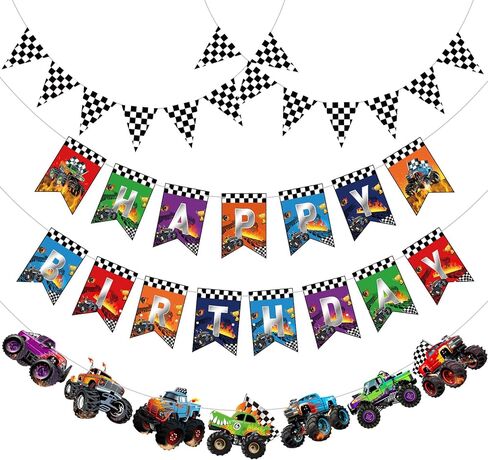 Pasimy 4 Pcs Monster Truck Birthday Banner Cars Truck Garland Black and White Checkered Flags Pennants Green Purple Happy Birthday Bunting Racing Car Theme Party Decorations Supplies in Saudi Arabia