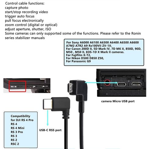 كابل تحكم USB-C مايكرو لـ DJI RS4 RS3 RS2 إلى Sony A9 Rx100VII ZV-1II A6500، Canon 5D Mark IV، 7D MK II، 850D M50 EOS-1D X Mark II، كاميرا Nikon D500 D850 Z50 in Kuwait