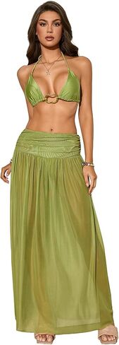 GORGLITTER Women's 3 Piece Swimsuit Metal Ring Triangle Halter Bikini Set with Long Cover Up Skirt in Saudi Arabia
