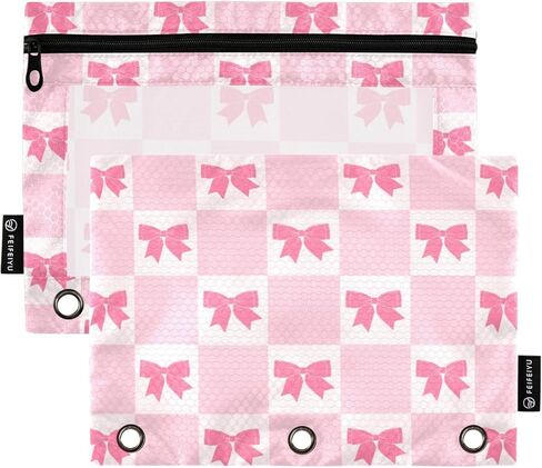Pencil Pouch for 3 Ring Binder Purple Checkered and Bows 2 Pack Clear Window Pencil Bags with Zipper Pencil Case in Kuwait