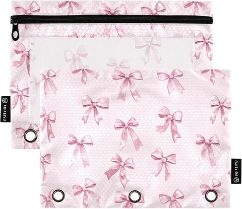 Pencil Pouch for 3 Ring Binder Purple Checkered and Bows 2 Pack Clear Window Pencil Bags with Zipper Pencil Case in Kuwait
