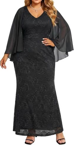 Plus Size Formal Dresses - Chiffon Capelet Ruffle Sleeves V Neck Lace Mermaid Evening Gown Prom Long Maxi Dresses 2025 in Saudi Arabia