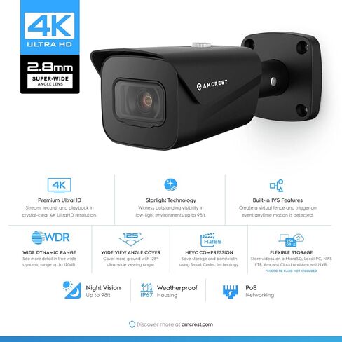 كاميرا Amcrest 2-Pack UltraHD 4K (8MP) Bullet POE IP، 3840x2160، رؤية ليلية 98 قدم، عدسة 2.8 مم، IP67 مقاومة للطقس، 125 درجة FOV، تدعم تسجيل MicroSD حتى 256 جيجابايت، أسود (2PACK-IP8M-2496EB-V2) in Kuwait