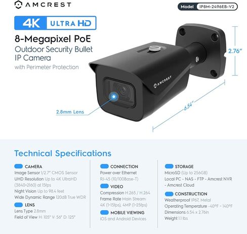 كاميرا Amcrest 2-Pack UltraHD 4K (8MP) Bullet POE IP، 3840x2160، رؤية ليلية 98 قدم، عدسة 2.8 مم، IP67 مقاومة للطقس، 125 درجة FOV، تدعم تسجيل MicroSD حتى 256 جيجابايت، أسود (2PACK-IP8M-2496EB-V2) in Kuwait