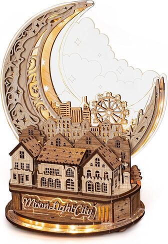 3D DIY Puzzle Moon Moon City Model - LED 3D Wood Puzzle - الألغاز الخشبية ثلاثية الأبعاد للبالغين هدايا ديكور المنزل للأطفال والبالغين ، بني in Kuwait