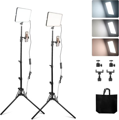 مجموعة من قطعتين من مصابيح فيديو LED، مصابيح استوديو، قوة 24 وات، إضاءة تصوير فوتوغرافي قابلة للتعتيم 2900 ~ 7000 كلفن، حامل ثلاثي الأرجل وحامل هاتف، يمكنها تسجيل الحياة وتصوير مقاطع الفيديو والصور (PD360C) in Kuwait