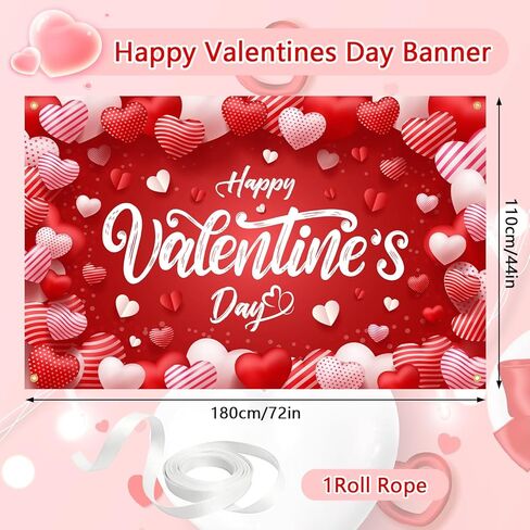 لافتة عيد الحب السعيدة، لافتة عيد الحب كبيرة مقاس 72 × 44 بوصة، خلفية عيد الحب على شكل قلب أحمر لتزيين عيد الحب الرومانسي in Kuwait