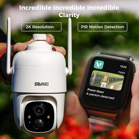 SOVMIKU 512GB 4CQ1 AI 2K كاميرا أمان تعمل بالطاقة الشمسية لاسلكية في الهواء الطلق، تعمل بالبطارية، صوت ثنائي الاتجاه، كشف حركة PIR، عرض 360 درجة عموم/إمالة، سهلة الإعداد، رؤية ليلية ملونة، صفارة إنذار مصباح يدوي مسموع in Kuwait