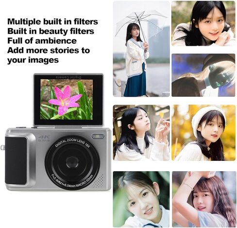 4K Digital Camera, 180 Degree Flip Screen 64MP Vlogging Camera, Auto Focus 16x Zoom Digital Mirrorless Camera for Selfie Photo Video (Sliver) in Saudi Arabia