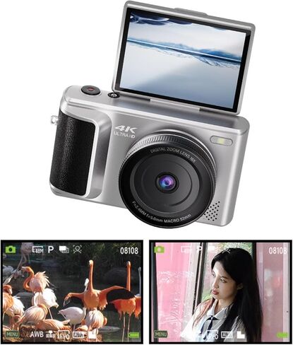 4K Digital Camera, 180 Degree Flip Screen 64MP Vlogging Camera, Auto Focus 16x Zoom Digital Mirrorless Camera for Selfie Photo Video (Sliver) in Saudi Arabia