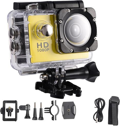 ASHATA Action Camera Camcorder with 2" Screen, 30m Depth Action Video Camera Camcorder with Bracket for Outdoor Sports Cycling, USB Charging (Yellow) in Saudi Arabia