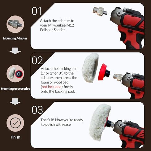 مجموعة تلميع التلميع لجهاز تلميع/صنفرة Milwaukee M12، تتضمن محول M9 إلى 5/8-11 ووسادة دعم 1 بوصة، 2 بوصة، 3 بوصة، لا تتضمن وسادات تلميع إسفنجية وصوف (5 قطع) in Kuwait
