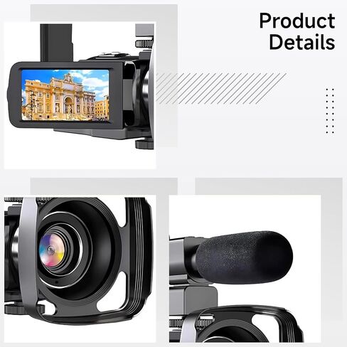 كاميرا فيديو 18X Zoom 4K، مسجل كاميرا فيديو رقمية بدقة 56 ميجابكسل مع ميكروفون، بطاقة 128 جيجا، مثبت يدوي، حامل ثلاثي القوائم، عدسة غطاء الرأس، رؤية ليلية بالأشعة تحت الحمراء، 3 شاشات تعمل باللمس، بطاريات 2 in Kuwait
