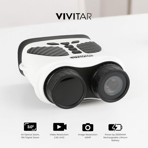 Vivitar - Digital Camera Binocular, 16MP High-Resolution Photos, Full QHD 2.7K Video, Day & Night Use, Compact Design, Soft Rubber Drop-Resistant Red Body, for Sports, Travel & Outdoors (White) in Saudi Arabia