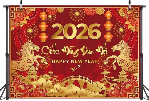 Vietnamese New Year 2026 Backdrop 8x6FT Red Vietnamese Lunar New Year of The Horse Photography Background New Years Party Decorations Supplies Photo Props in Saudi Arabia