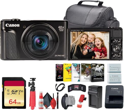 كاميرا Canon PowerShot SX740 HS Lite Edition الرقمية (أسود) + بطاقة ذاكرة سعة 64 جيجابايت + بطارية NB13L + برنامج صور + شاحن + قارئ بطاقات + حقيبة ناعمة + حامل ثلاثي القوائم مرن + المزيد (متجدد) in Kuwait