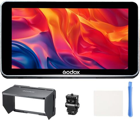 Godox GM6S Pro Kit 1 شاشة مراقبة ميدانية للكاميرا DSLR، شاشة لمس 5.5 بوصة، مدخل/حلقة HDMI 2000 Nits 4K، استيراد LUT ثلاثي الأبعاد، HD 1920x1080 IPS، لقطة شاشة، شاشة على الكاميرا مع غطاء مظلة in Kuwait