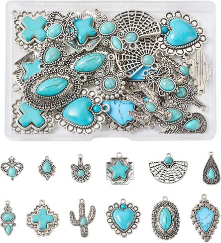 Beadthoven 48pcs سحر الفيروز السحر الغربي لمجوهرات صنع المعلقات الحجرية الفيروزية الفضية التبتية لقرط البوهيمي الذي يصنع الحرف اليدوية DIY الصيف in Saudi Arabia