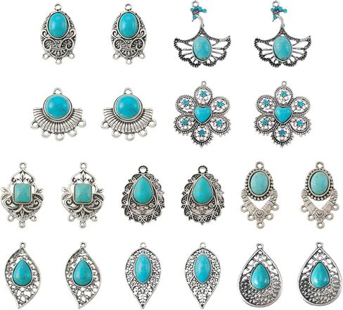 Beadthoven 48pcs سحر الفيروز السحر الغربي لمجوهرات صنع المعلقات الحجرية الفيروزية الفضية التبتية لقرط البوهيمي الذي يصنع الحرف اليدوية DIY الصيف in Kuwait