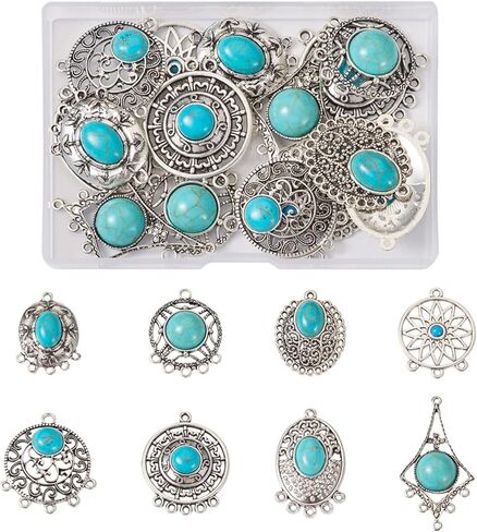 Beadthoven 48pcs سحر الفيروز السحر الغربي لمجوهرات صنع المعلقات الحجرية الفيروزية الفضية التبتية لقرط البوهيمي الذي يصنع الحرف اليدوية DIY الصيف in Kuwait