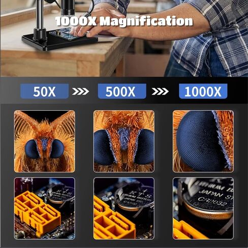 مجهر رقمي Jectse مقاس 4.3 بوصة، تكبير 1000X وشاشة HD 1080P مع كاميرا 10 ميجابكسل، 8 مصابيح LED لفحص المجوهرات وإصلاح لحام ثنائي الفينيل متعدد الكلور in Kuwait