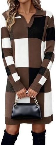Women's 2025 Winter V-Neck Bodycon Sweater Dress Long Sleeve Plaid Print Elegant Formal Party Mini Dress in Saudi Arabia
