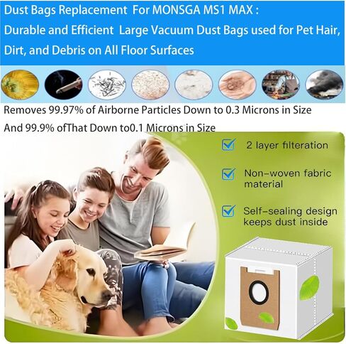 Dust Bags Replacement For MONSGA MS1 MAX : 10 Pack Durable and Efficient Large Vacuum Dust Bags used for Pet Hair, Dirt, and Debris on All Floor Surfaces in Saudi Arabia