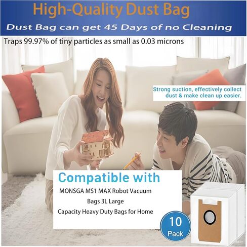 Dust Bags Replacement For MONSGA MS1 MAX : 10 Pack Durable and Efficient Large Vacuum Dust Bags used for Pet Hair, Dirt, and Debris on All Floor Surfaces in Saudi Arabia