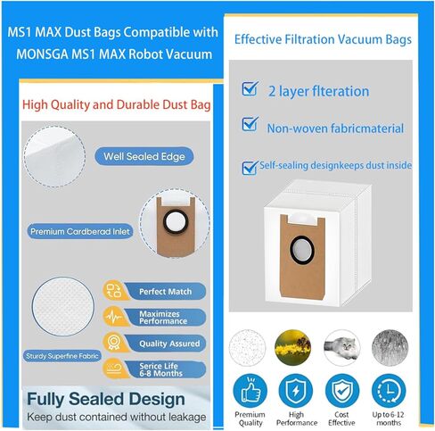 Dust Bags Replacement For MONSGA MS1 MAX : 10 Pack Durable and Efficient Large Vacuum Dust Bags used for Pet Hair, Dirt, and Debris on All Floor Surfaces in Saudi Arabia