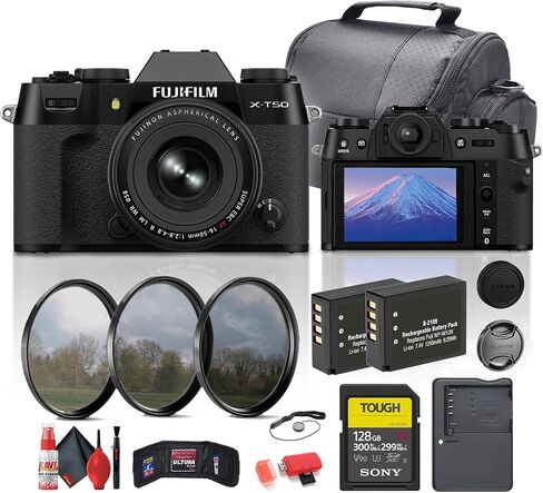 Fujifilm X-T50 مع عدسة XF 16-50 ملم باللون الأسود (16828507) تتضمن الحزمة: بطاقة ذاكرة 128 جيجابايت، بطارية قابلة للشحن 2X، شاحن بطارية، طقم فلتر، حقيبة كاميرا، قارئ بطاقات، مجموعة تنظيف كاملة in Saudi Arabia
