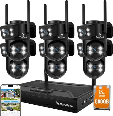 نظام أمان لاسلكي 2 في 1 بعدسة مزدوجة (10CH ​​4K NVR +6 كاميرات) - شبكة WiFi طويلة المدى 6، بدون رسوم شهرية، تخزين 500 جيجابايت، اكتشاف الذكاء الاصطناعي، مجال رؤية 180 درجة، IP66 مقاوم للماء للمنزل/المكتب/الخارج in Kuwait