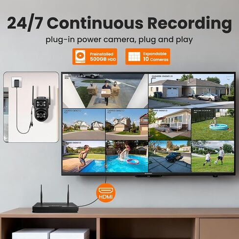 نظام أمان لاسلكي 2 في 1 بعدسة مزدوجة (10CH ​​4K NVR +6 كاميرات) - شبكة WiFi طويلة المدى 6، بدون رسوم شهرية، تخزين 500 جيجابايت، اكتشاف الذكاء الاصطناعي، مجال رؤية 180 درجة، IP66 مقاوم للماء للمنزل/المكتب/الخارج in Kuwait