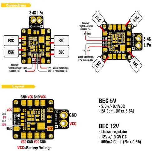 لوحة توزيع الطاقة بدون طيار XT60 5V/12V مخرج PDB Board Dual BEC 6 ESCS in Kuwait