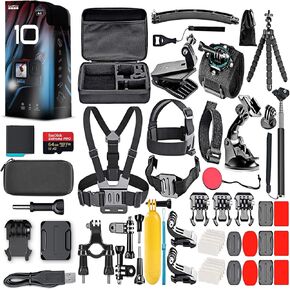 كاميرا GoPro HERO10 (Hero 10) باللون الأسود - كاميرا أكشن مقاومة للماء مع شاشات LCD أمامية وشاشات خلفية تعمل باللمس، محرك GP2، فيديو بدقة 5K HD، صور بدقة 23 ميجابكسل، بث مباشر، + بطاقة سعة 64 جيجابايت ومجموعة ملحقات مكونة من 50 قطعة - حزمة in Kuwait