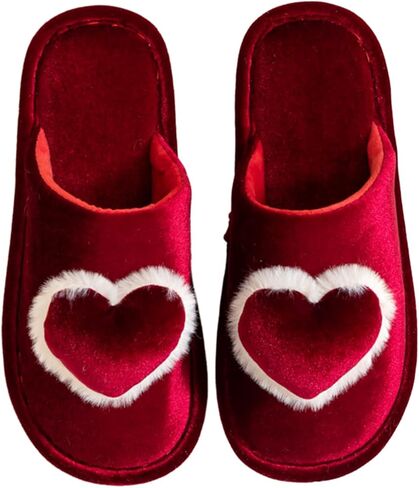 Valentines Slippers for Women Heart Velvet Fuzzy Warm Soft Cozy Indoor House Shoes Open Back Slid On Plush Warm Footwear Burgundy with Non Slip Sole in Saudi Arabia