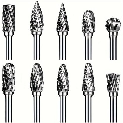 Carbide Rotary Burr Set 10PCS Double Cut Carving Burr Bits Tungsten Carbide 1/8" Shank 1/4" Grinding Head for DIY Carving Metal Polishing Engraving Drilling in Saudi Arabia