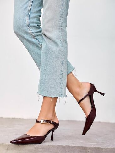 Coutgo Womens High Heels Mules Closed Pointed Toe Kitten Heel Pumps Ankle Buckle Strap Slip On Backless Dress Shoes, Maroon, Size 7.5 in Saudi Arabia