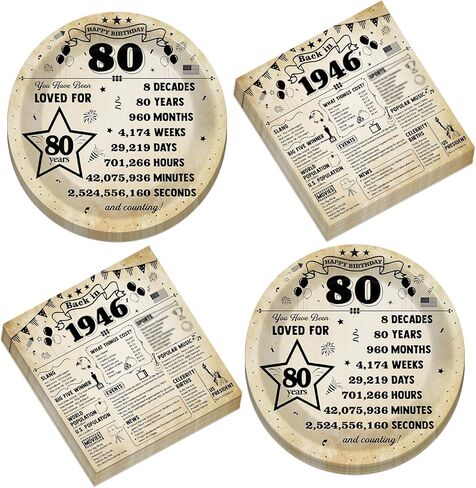 50 Pcs Back In 1945 Birthday Plates And Napkins 80th Birthday Party Decorations Vintage 80 Year Old Dessert Plates Vintage Theme Tableware Set Serve 25 Guests Men Women 80th Party Favor Supplies in Saudi Arabia