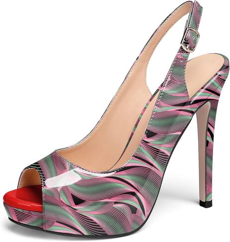 AUMOTED Women's High Heel Slingback Pumps Stilettos High Heels Patent Slingback Pumps Solid Peep Toe Platform Stilettos Pumps Dating Party Dress Shoes 4.7 Inch in Saudi Arabia