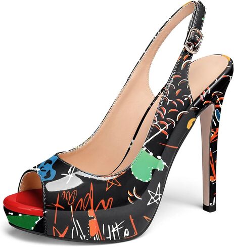 AUMOTED Women's High Heel Slingback Pumps Stilettos High Heels Patent Slingback Pumps Solid Peep Toe Platform Stilettos Pumps Dating Party Dress Shoes 4.7 Inch in Saudi Arabia
