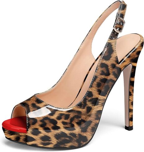 AUMOTED Women's High Heel Slingback Pumps Stilettos High Heels Patent Slingback Pumps Solid Peep Toe Platform Stilettos Pumps Dating Party Dress Shoes 4.7 Inch in Saudi Arabia