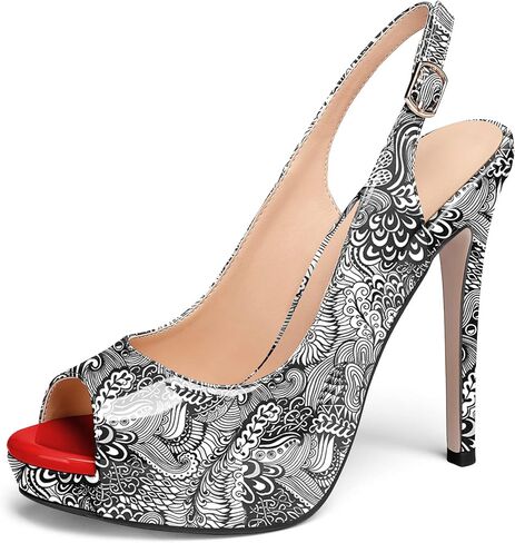 AUMOTED Women's High Heel Slingback Pumps Stilettos High Heels Patent Slingback Pumps Solid Peep Toe Platform Stilettos Pumps Dating Party Dress Shoes 4.7 Inch in Saudi Arabia