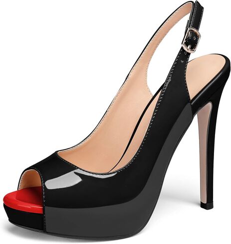 AUMOTED Women's High Heel Slingback Pumps Stilettos High Heels Patent Slingback Pumps Solid Peep Toe Platform Stilettos Pumps Dating Party Dress Shoes 4.7 Inch in Kuwait